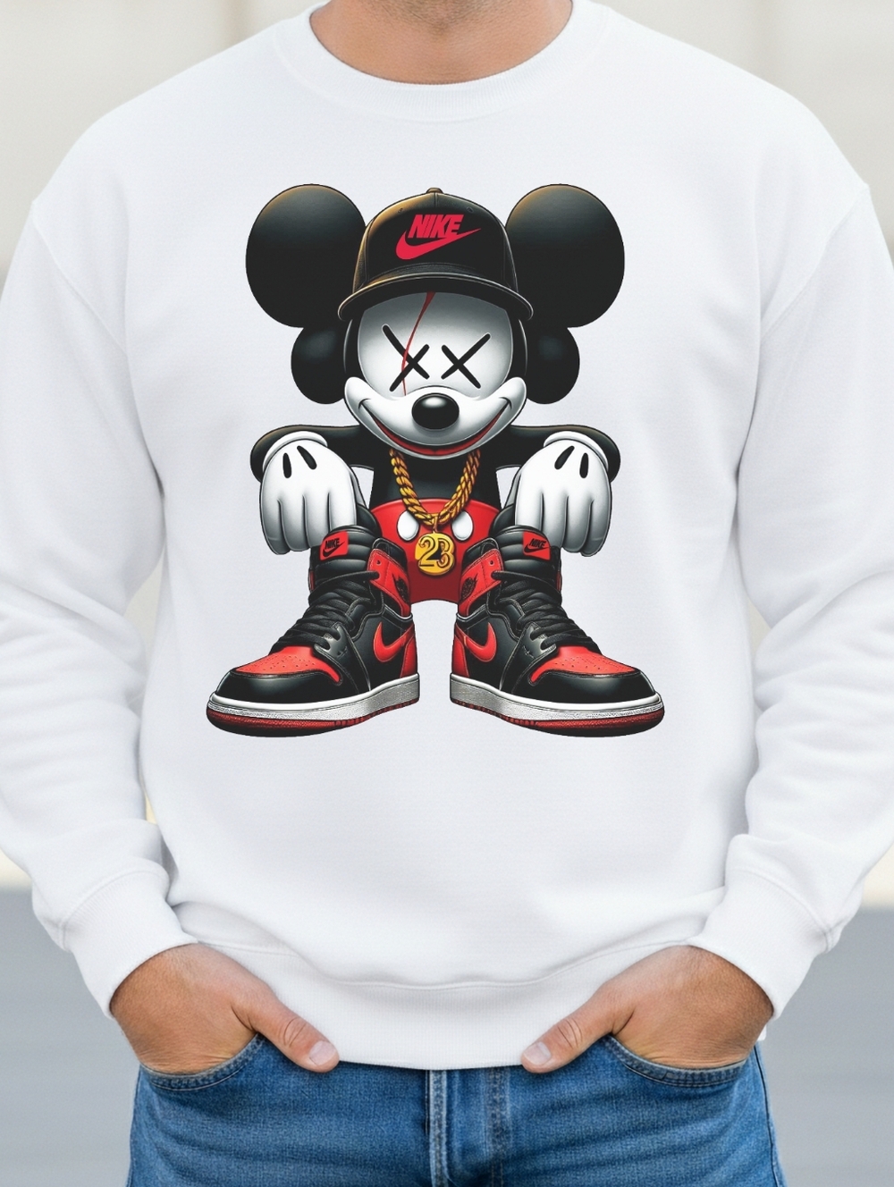 Gildan White Crewneck Sweatshirt with Red & Black Street Character Graphic